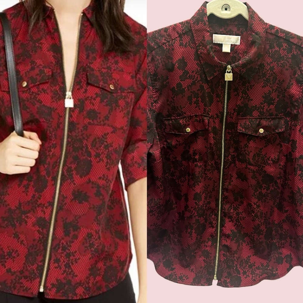 Michael Kors Red  and Black Patterned Blouse XL